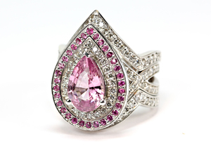 Pink sapphire double halo engagement ring and matching contoured wedding bands